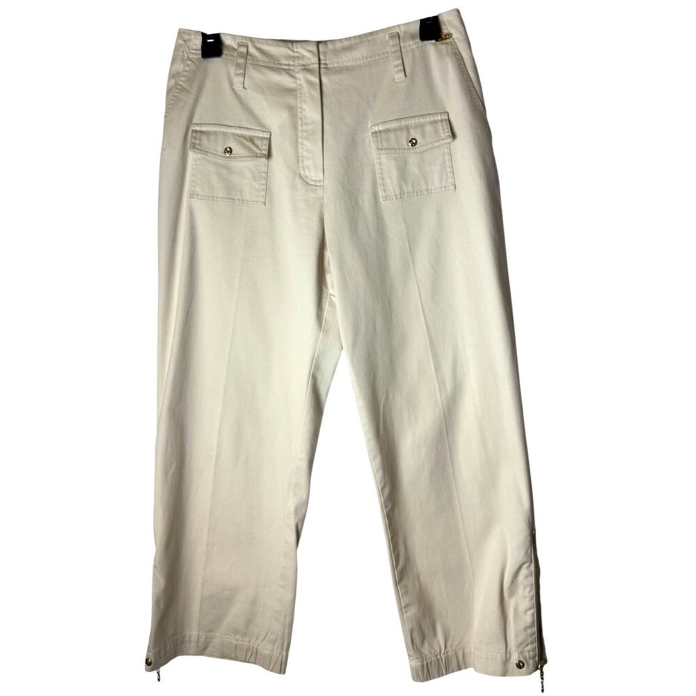 St John Sport Pants Women 6‎ Ivory Cotton Cropped Zippered Hem Trousers Luxury